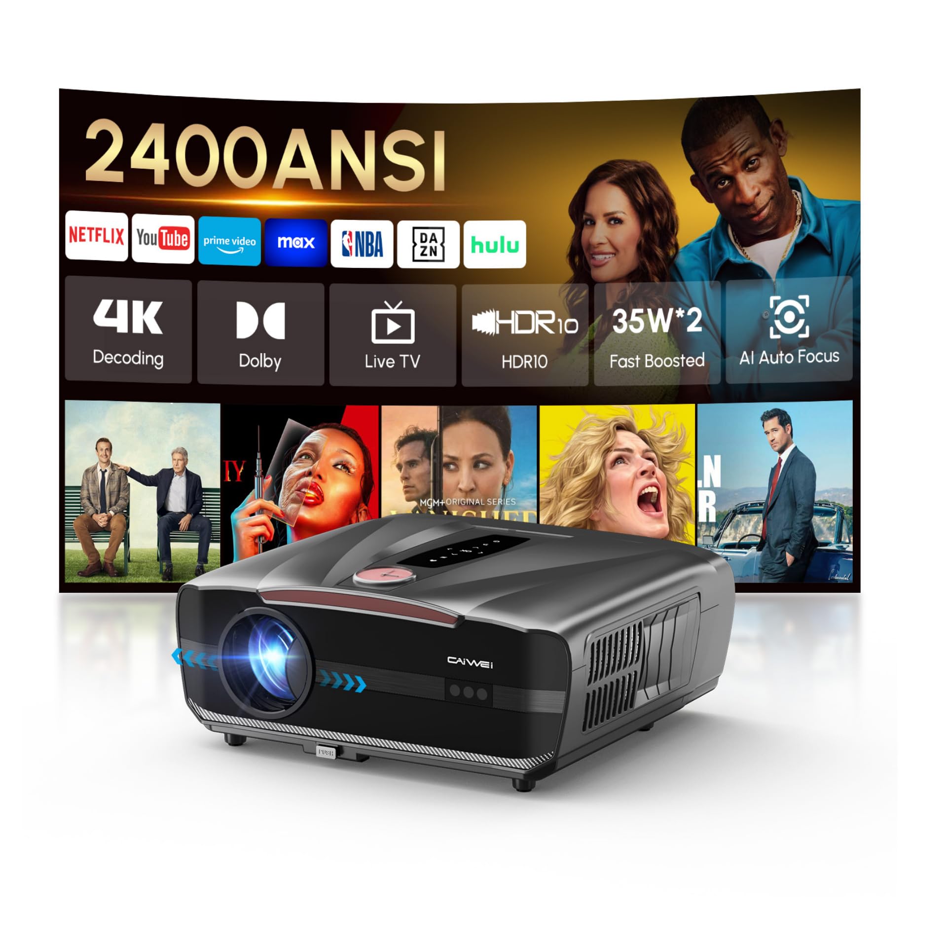 Proiettore 4K per luce diurna [Netflix] 2400 ANSI Lumen, HDR10+, Ultra HD, HDMI eARC, Smart Home Theater con AI-PQ, Wi-Fi 6/Bluetooth 5.4, messa a fuoco automatica ToF, DD+, 64 GB, MEMC, proiettore