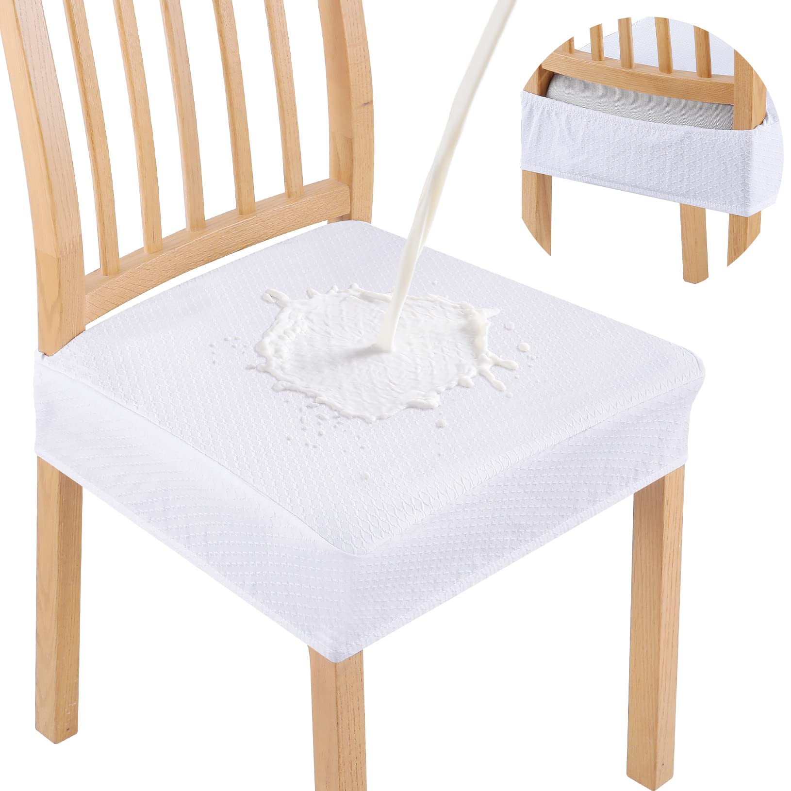 smiry Waterproof Seat Covers for Dining Room Chairs Set of 4, Stretch Jacquard Removable Washable Chair Seat Slipcovers Protector, No Rear Covers, White
