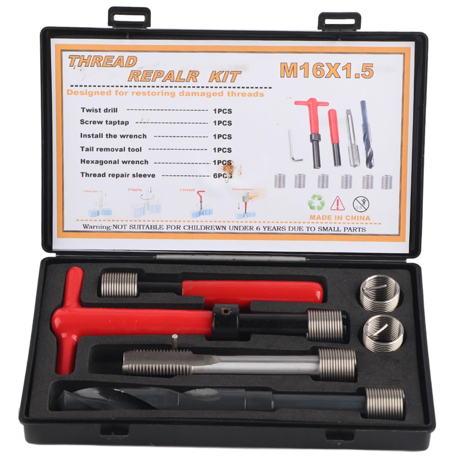 Kit de Réparation de Filetage M16x1, 5, Kit de Réparation de Filetage, clé de Forage Torsadée en Acier Inoxydable, Outil D'insertion de Robinet M16x1, 5 11 Pièces