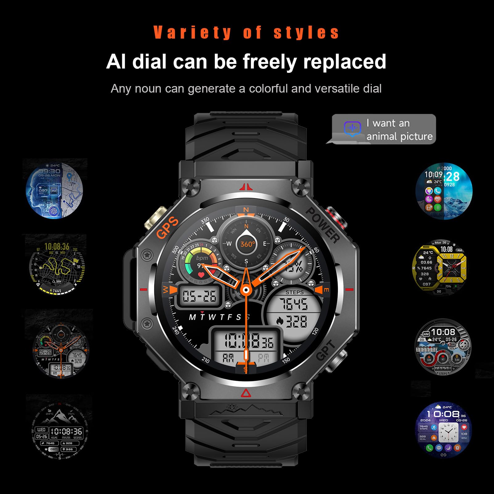Lazmin112 Smartwatch, Con Posizione Gps, Gpt, Impermeabile Fino a 30 m, Torcia, Altoparlante e Microfono Integrati, Ricarica Magnetica, 100+ Modalità Sportive, Orologio Sportivo (BLACK)