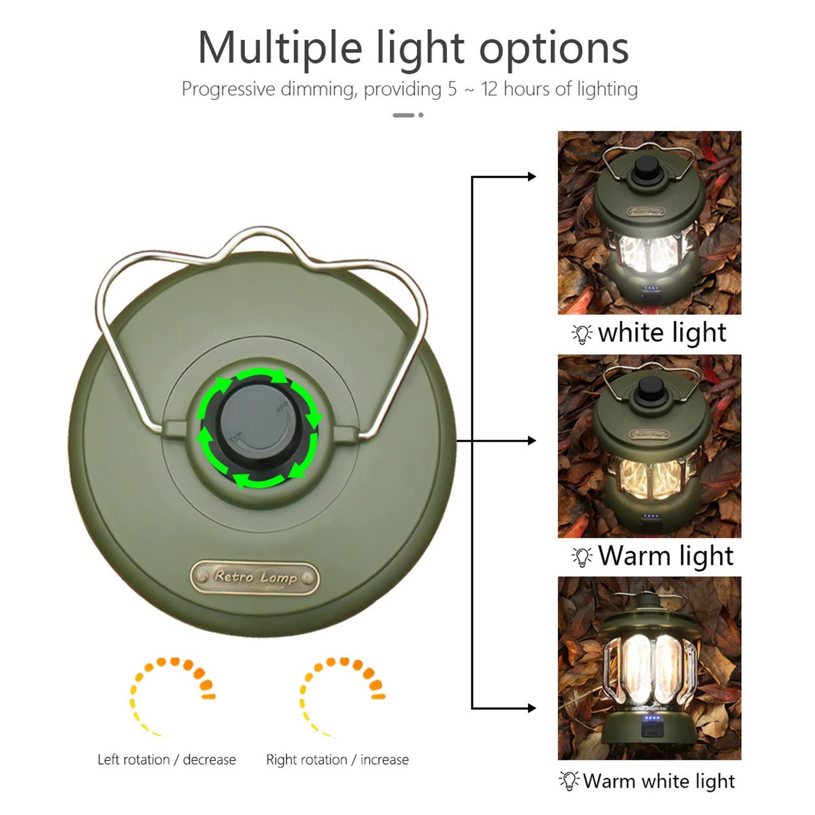 BOSUGE, zewnętrzna latarnia kempingowa LED, ładowalna retro lampa konna z 3 trybami światła i kablem USB, przenośne oświetlenie namiotowe, wodoodporna lampa wisząca do wędkowania, zielony (Color : gr