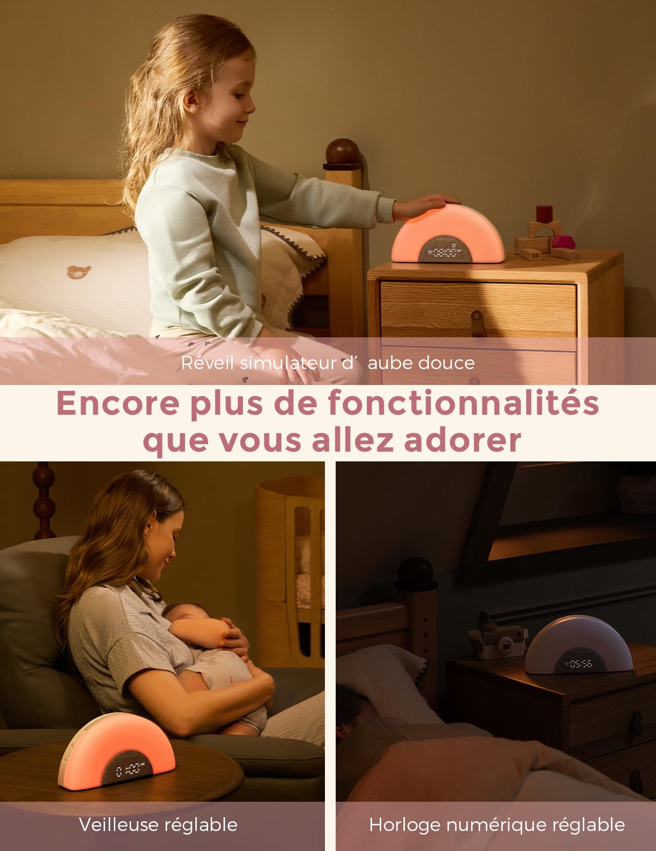 Momcozy DreamSync Tech™ Machine à Sons Bébé 34 Bruitages Apaisants, Veilleuse Connectée par App, Programmeur de Sommeil avec Alarme Levé de Soleil et Haut-parleur Sans Fil