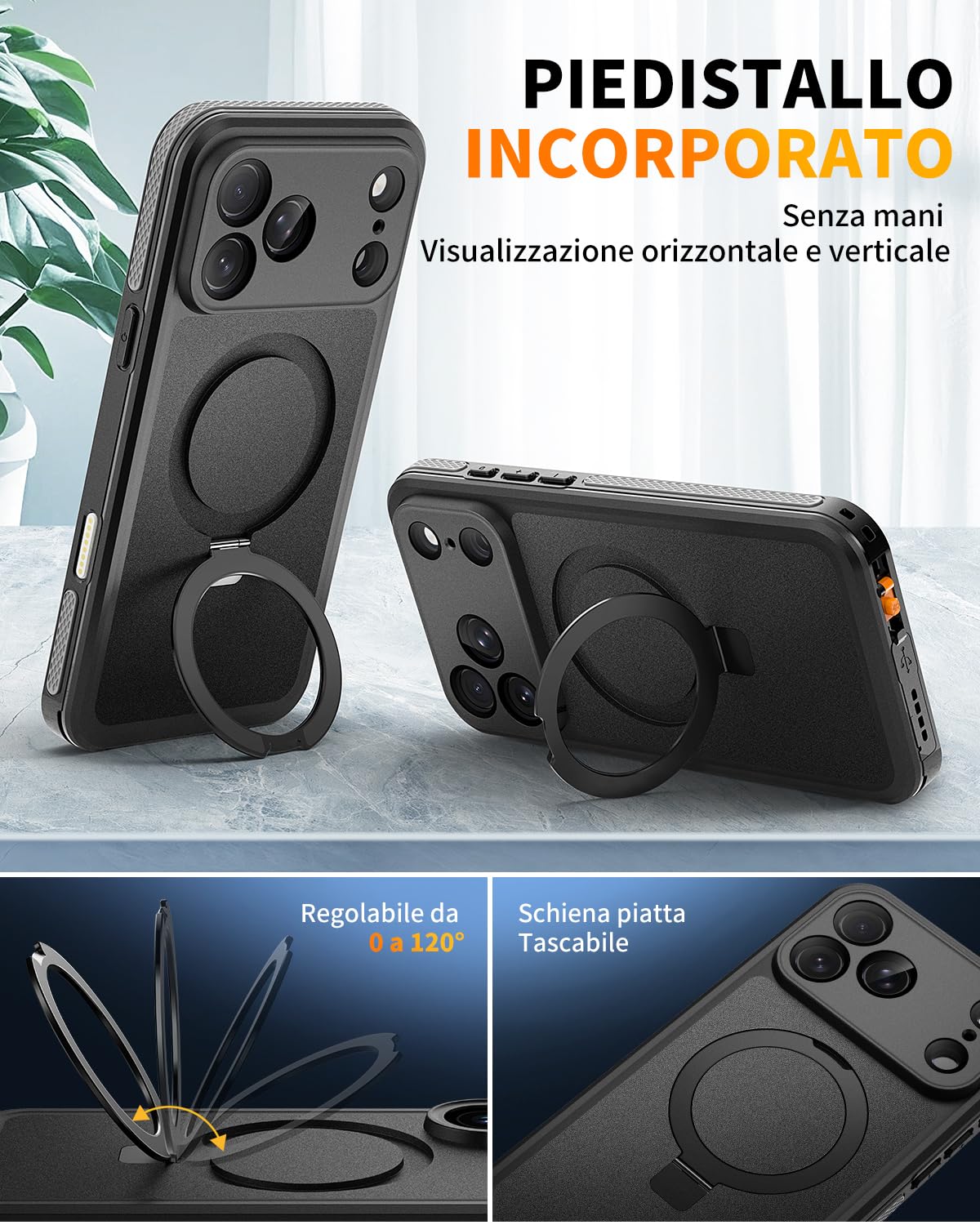 Cover per iPhone 17 Pro Impermeabile con Supporto Magnetico, 360° Completa Protezione, IP68 Waterproof Case con Magsafe, Subacquea Antipolvere Antiurto Custodia per iPhone 17 Pro, Nero