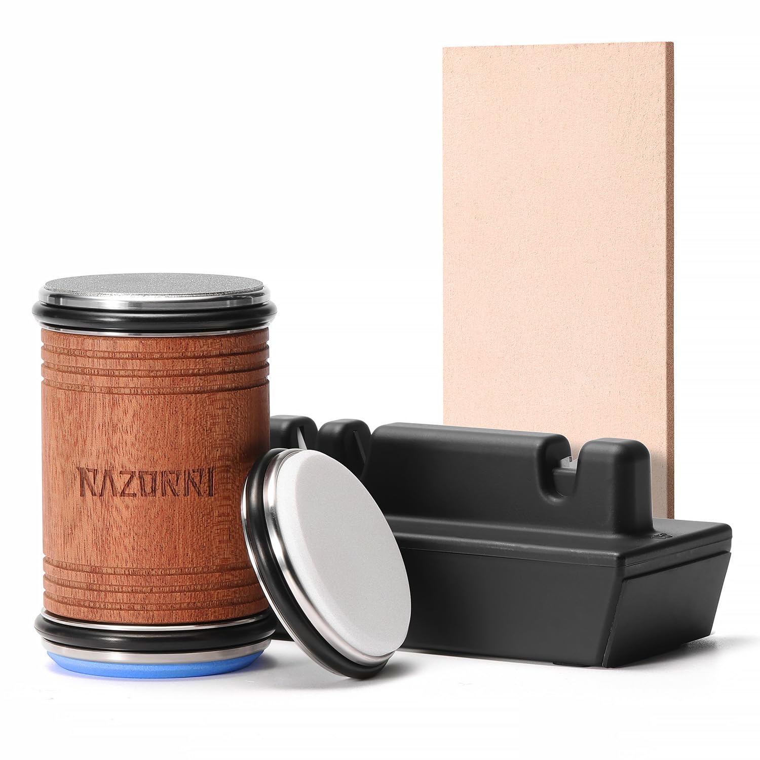 RazorriRolling Knife Sharpener Kit 3 Different Grit Stones Discs #400 Diamond #3000 Whetstone #6000 Ceramic, 15° and 20° Magnetic Angle Base, Leather Strop Knives Fine Tool for Kitchen Blades