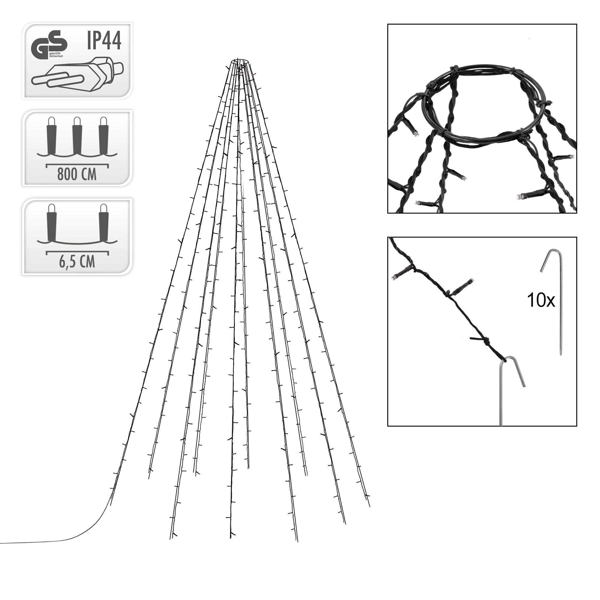 ECD Germany Fahnenmast Lichterkette, 10 Stränge à 8 Meter mit 360 LED in Warmweiß für Bäume, inkl. 10 Heringen und 10 Kabelbindern, Schwarz, IP44, Außen, Fahnenstangen Beleuchtung Außenbeleuchtung