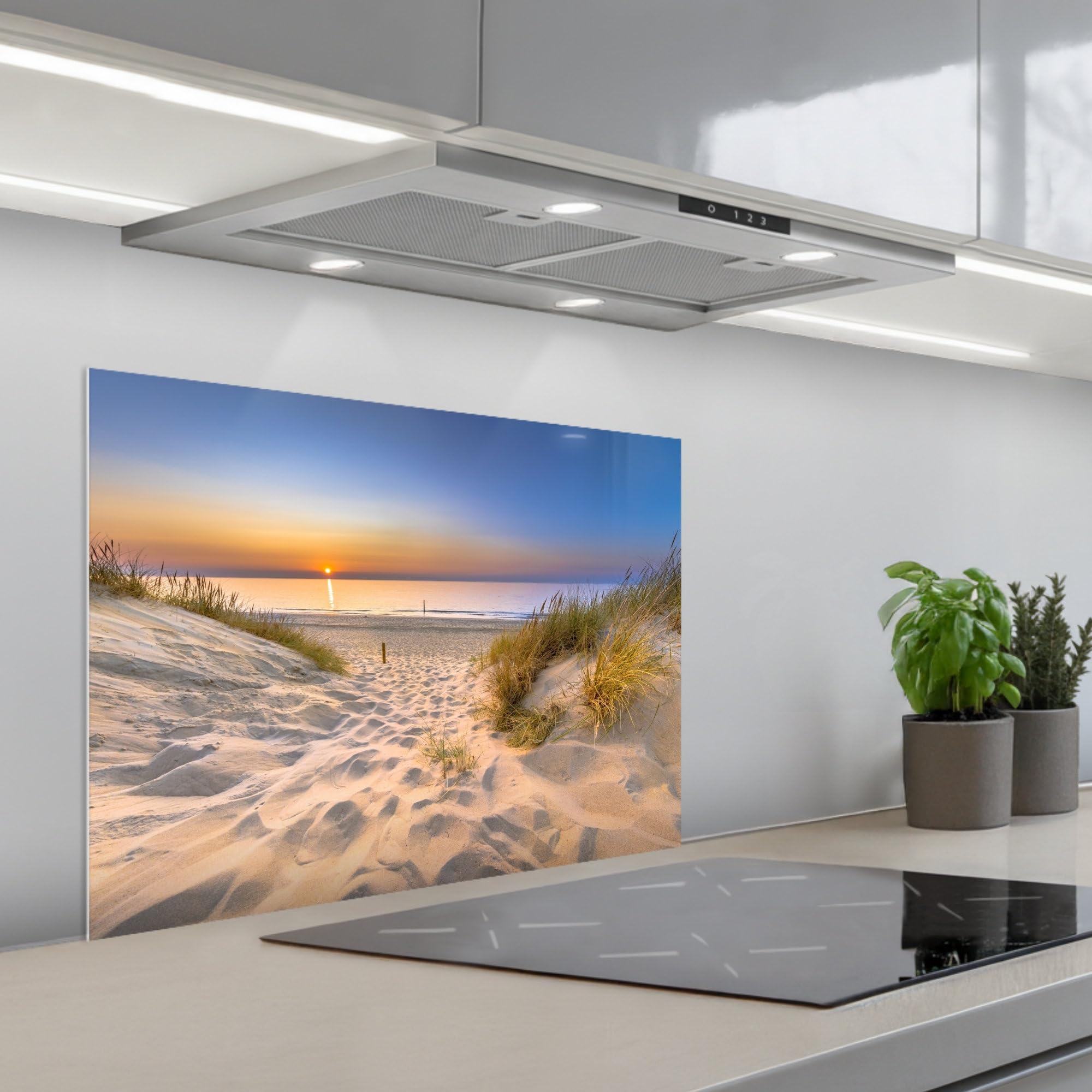 KitchenYeah© Credence Cuisine 50x70 cm Adhesif Protection Mur Plaque De Cuisson Plastique Rigide Revetement Murale À Coller Dune - Coucher soleil - Horizon - Plage - Herbe