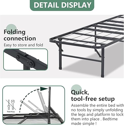 Miniatura 3 de PayLessHere Marco de cama plegable de metal de 14 pulgadas, plataforma de listones de acero resistente, base de cama, base de colchón, repuesto de