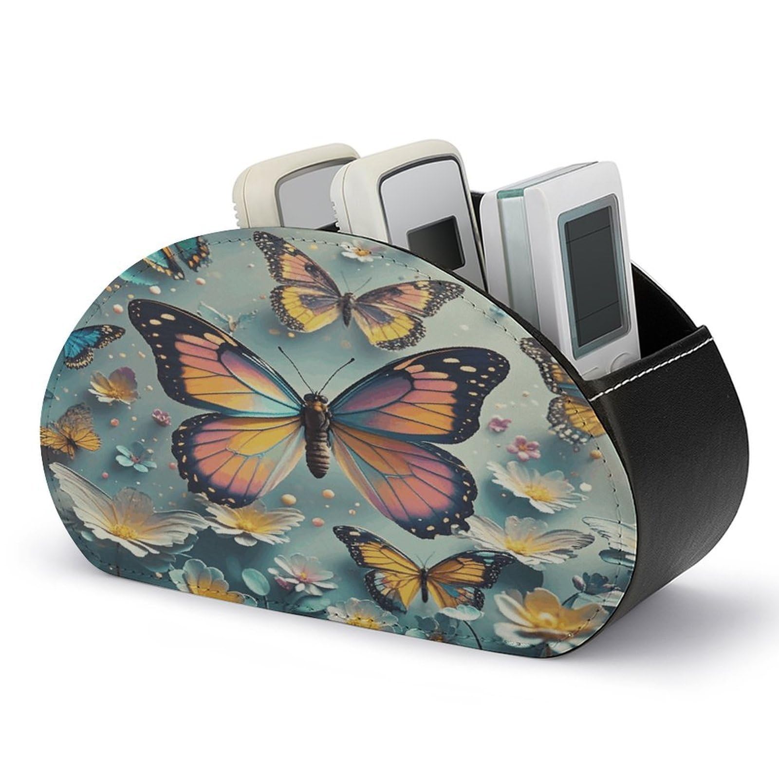 VstaDank Cute Butterflies Remote Control Holder with 5 Compartments PU Leather TV Remoter Caddy Desktop Organizer TV Remote Holder Remote Box for Media Controllers Office Supplies