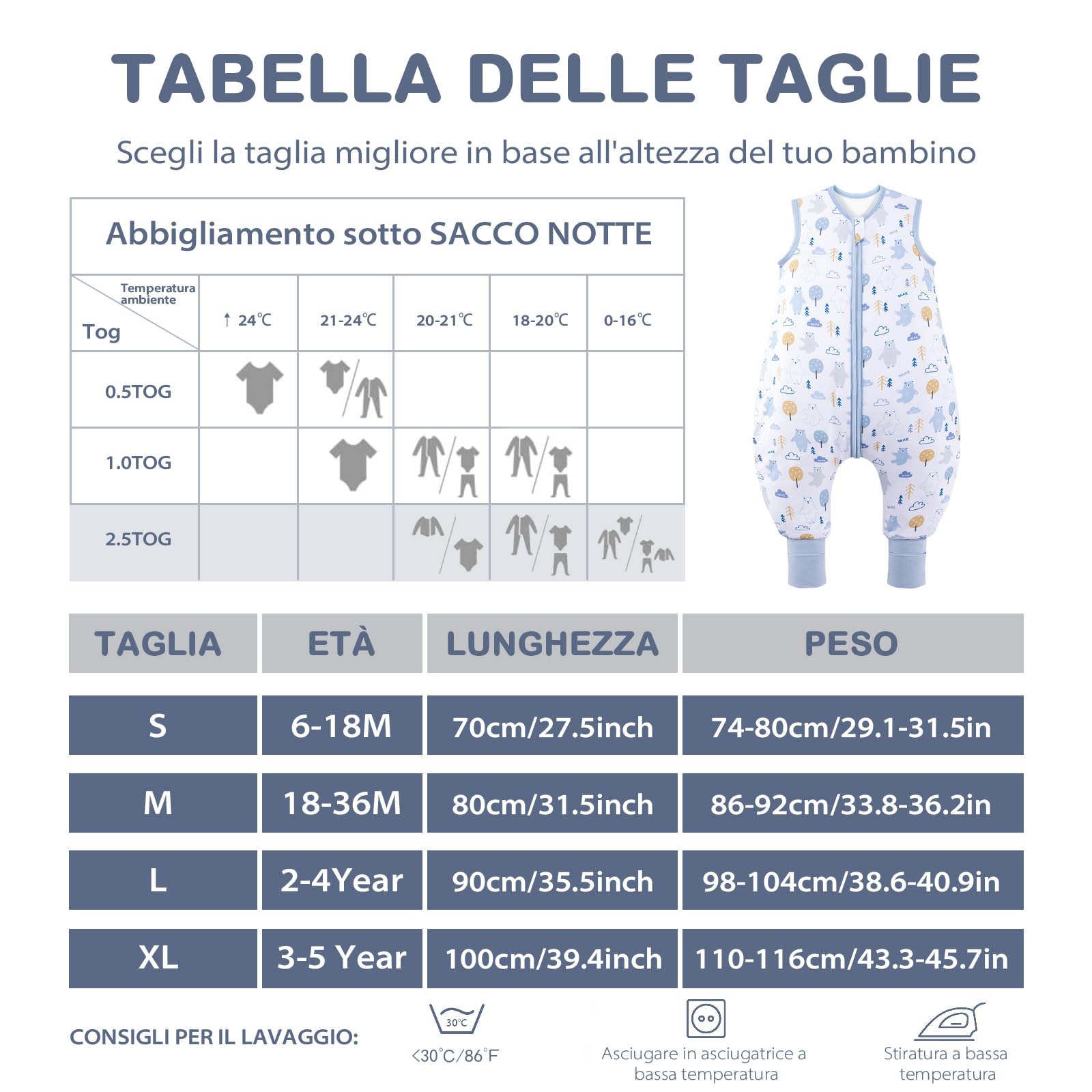 ToyaTec Sacco nanna con piedi, 2,5 Tog, super morbido, realizzato in rayon di bambù, per bambini, in fibra di bambù, per l'inverno, per l'autunno e l'inverno (orsi, 100cm (3-5 Jahre))