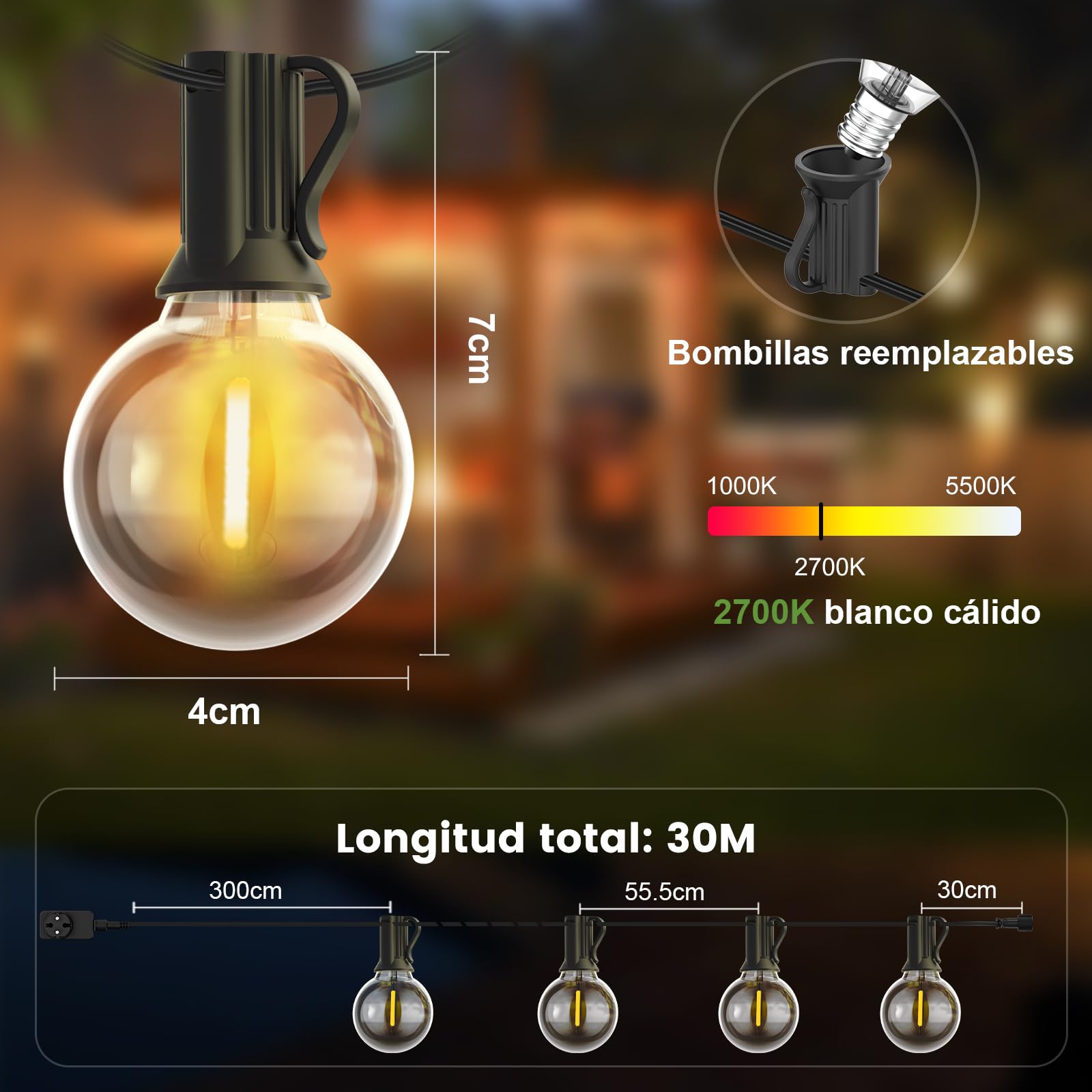 Yuusei Guirnalda Luminosas de Exterior 30M, LED Guirnalda Luces Exterior de Control Remoto con 50+2 Inastillable Plástico Bombillas, Impermeable Cadena de Luces 4 Modos Perefcto Fiesta Terraza Bares