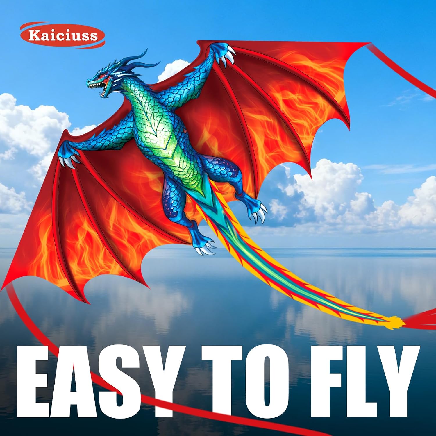 Dragon Kite for Kids & Adults, Easy to Fly for Beginners, 300ft Kite String Included, Perfect for Beach Trips
