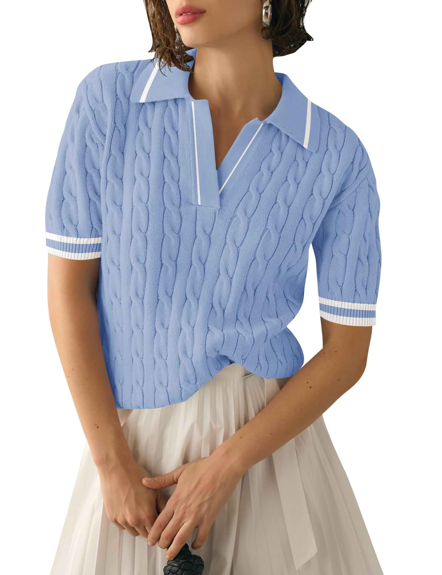 Micoson Womens Short Sleeve Sweater Tops Lapel V Neck Polo Shirts 2026 Summer Cable Knit Loose Blouses, Business Casual Outfits