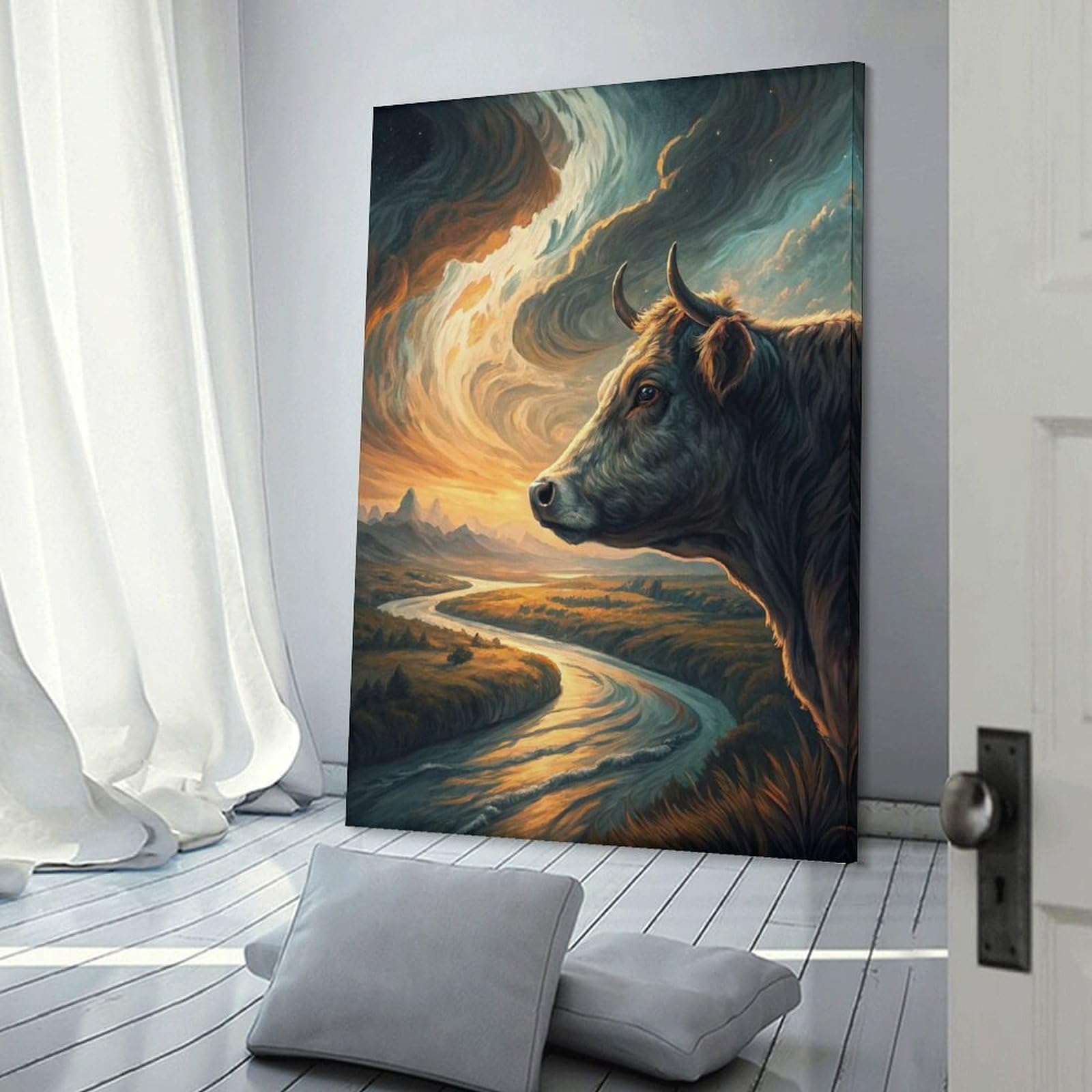 Junmoney Wall Picture Print Majestic Cow Overlooking A Winding River, 12x18inch(30x45cm), for Entrance Walls, Hall Decor Or Foyers, A Neat Decor Update for Hallways