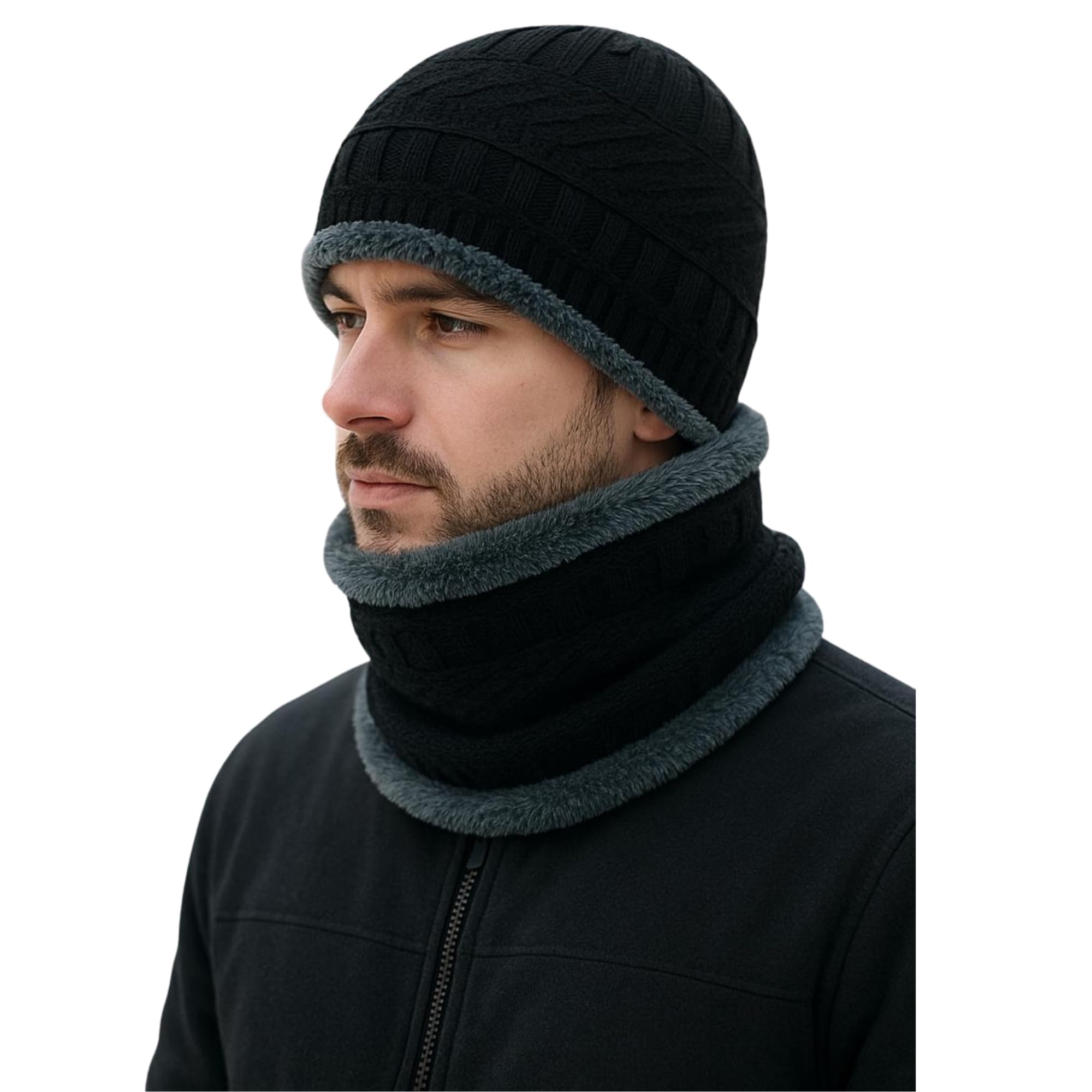 Winter Knit Beanie and Neck Warmer Set, Black with Gray Fleece Trim, Windproof Wool, Ultra-Soft Inner Lining, for Outdoor Activities, Bike Rides, Morning Walks-image-31