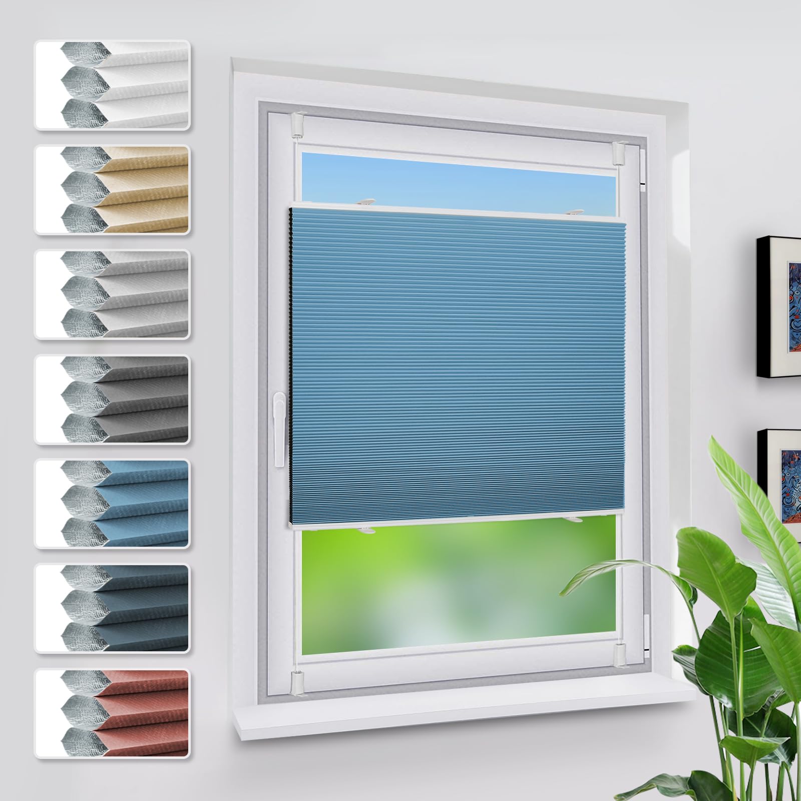 Grandekor Verdunklungsplissee Wabenplissee ohne Bohren Weiß-Himmelblau 70x120cm (BxH) Klemmfix Plissee ohne Bohren Verdunkelung Thermo Rollo Wärmedämmung, Privatsphäre - & Sonnenschutz