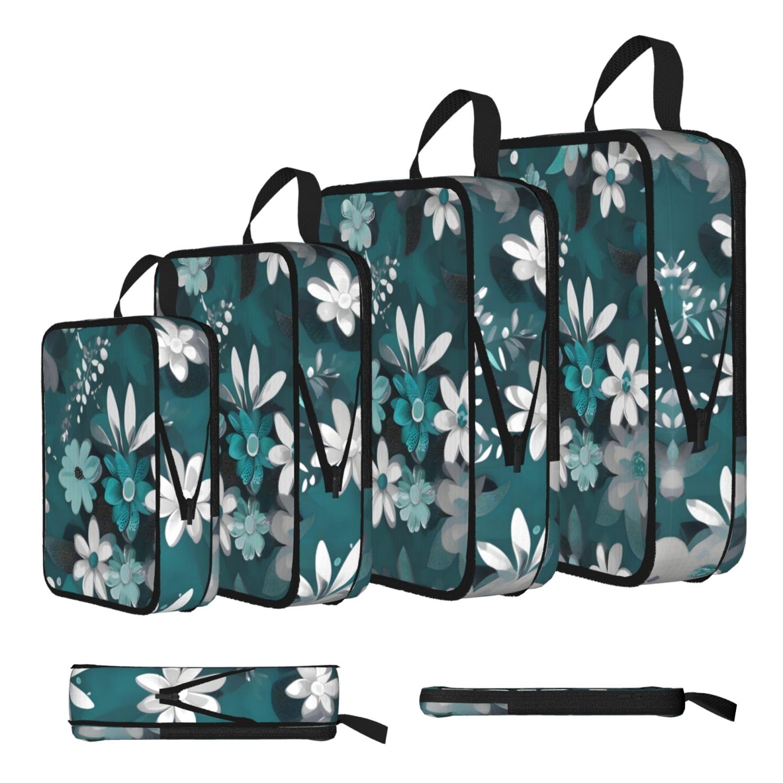 Teal Grey and White Floral Compression Packing Cubes 4 Piece Set