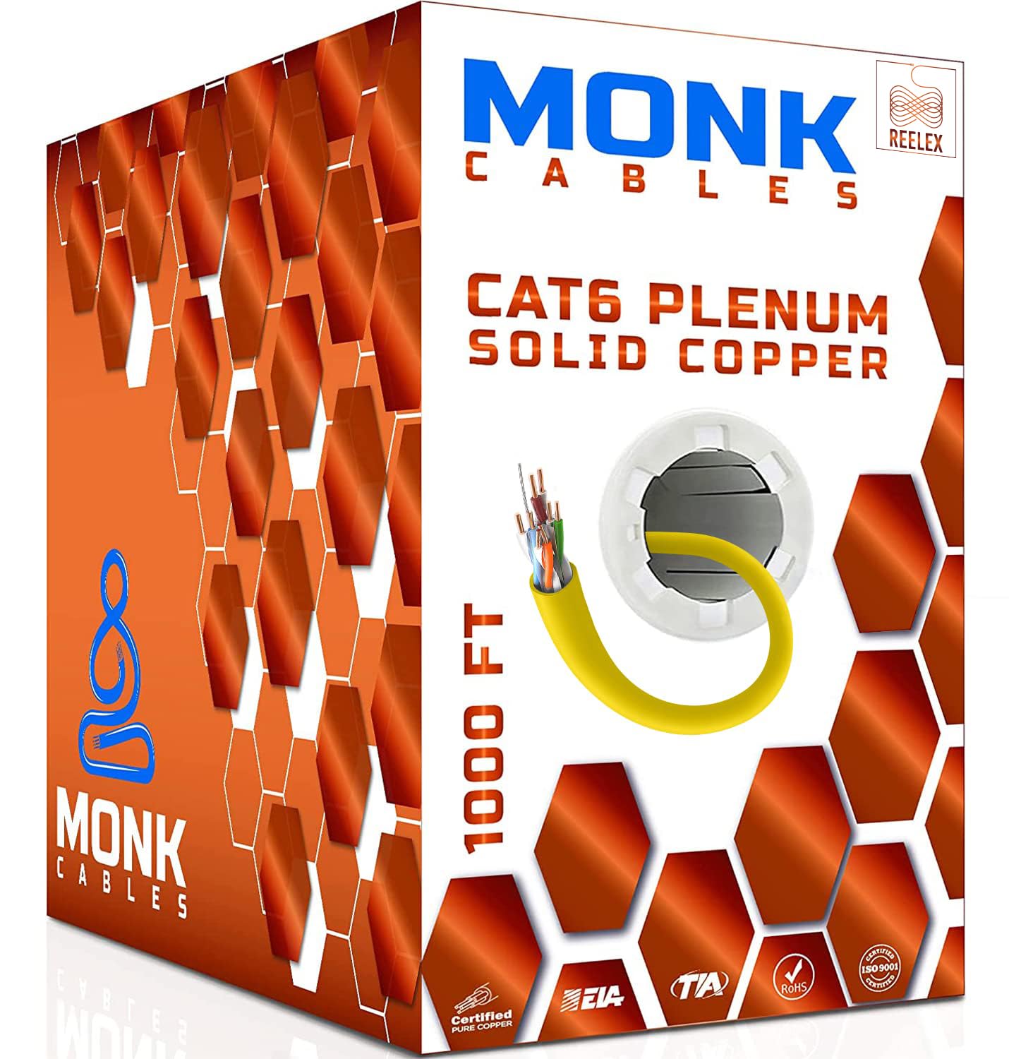 MONK CABLES | CAT6 Plenum Cable 1000ft | 100% Pure Copper | UTP, 23AWG, 550MHz | DSX-8000 Certified | Most Certified Cable of The Whole Market (Yellow)