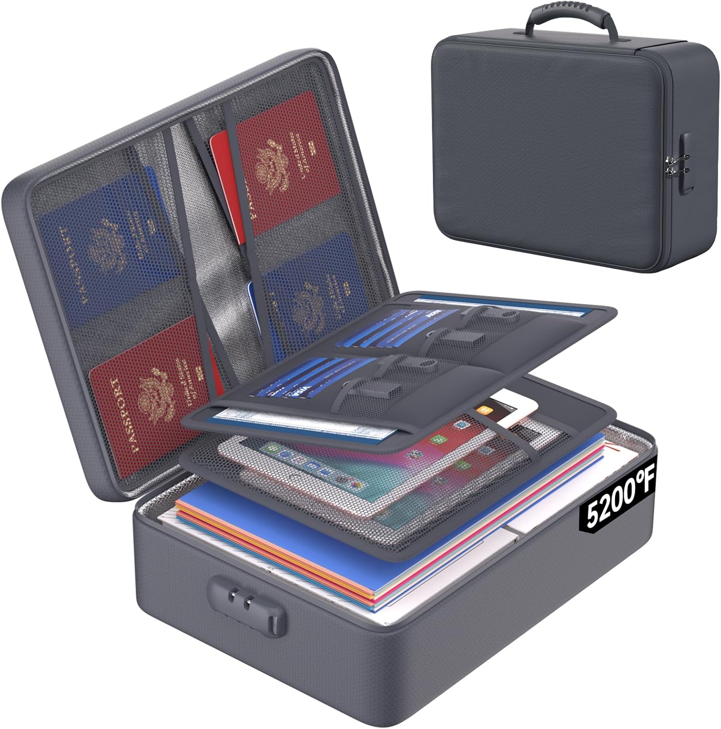 Product image of ENGPOW 5200°F Fireproof Document Bag with Lock, Upgraded Heat Insulated Fireproof＆Waterproof Box 8 Layers Document Organizer, Portable Home Travel Safe Storage Box for Important Files, Laptop, Gray