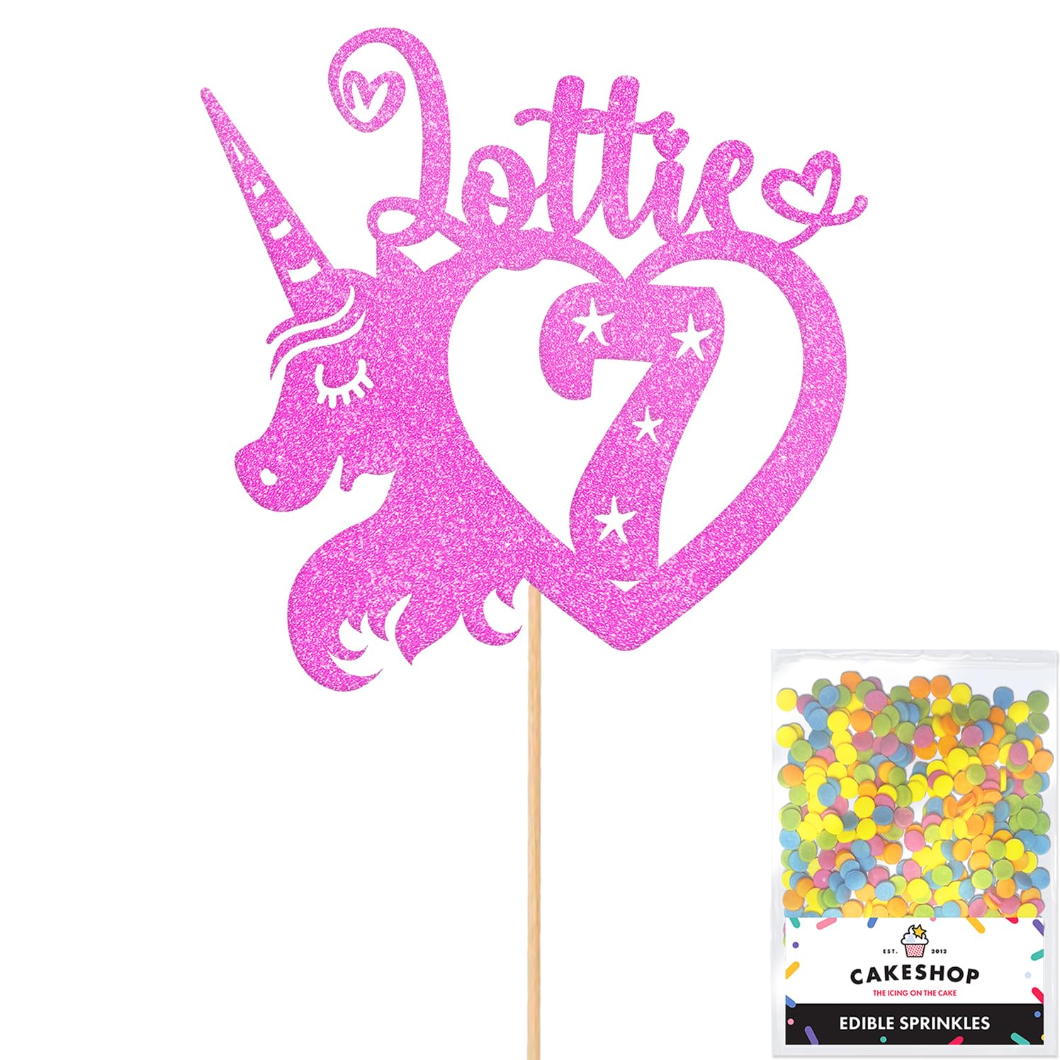 Personalised Unicorn Heart Glitter Cake Topper- Light Pink Any Custom Age & Name Glitter Cake Decoration and Sprinkles - Happy Birthday Decorations - Personalised Toppers for Cakes by Cakeshop