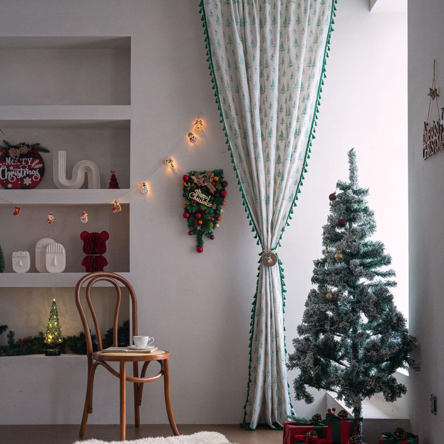 vctops Christmas Curtain with Tassels, Rustic Xmas Tree Printed Holiday Decorative Window Curtain Light Filtering Rod Pocket Window Treatment Panel for Bedroom Living Room Decor, 1 Piece - 59"x87"
