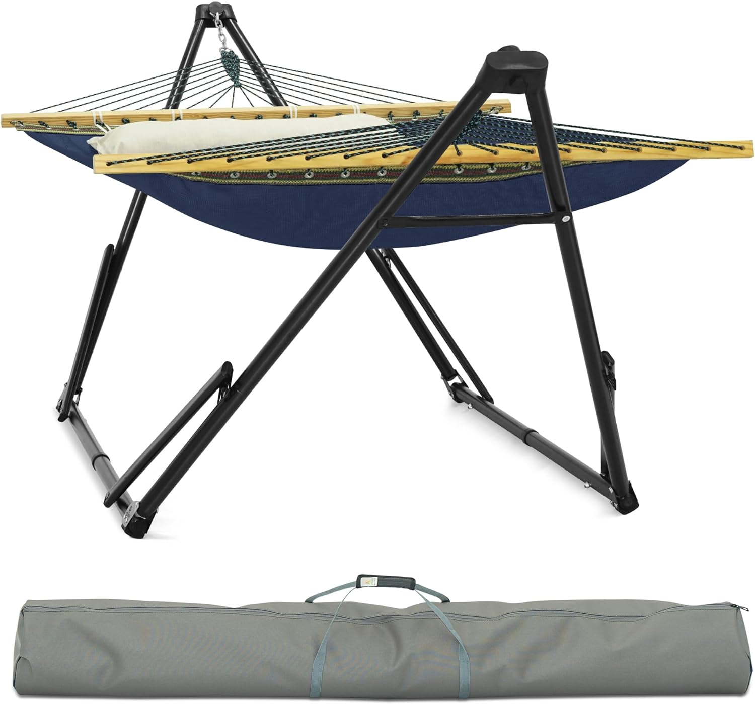 Tranquillo Adjustable Steel Hammock Stand with Blue Canvas Net