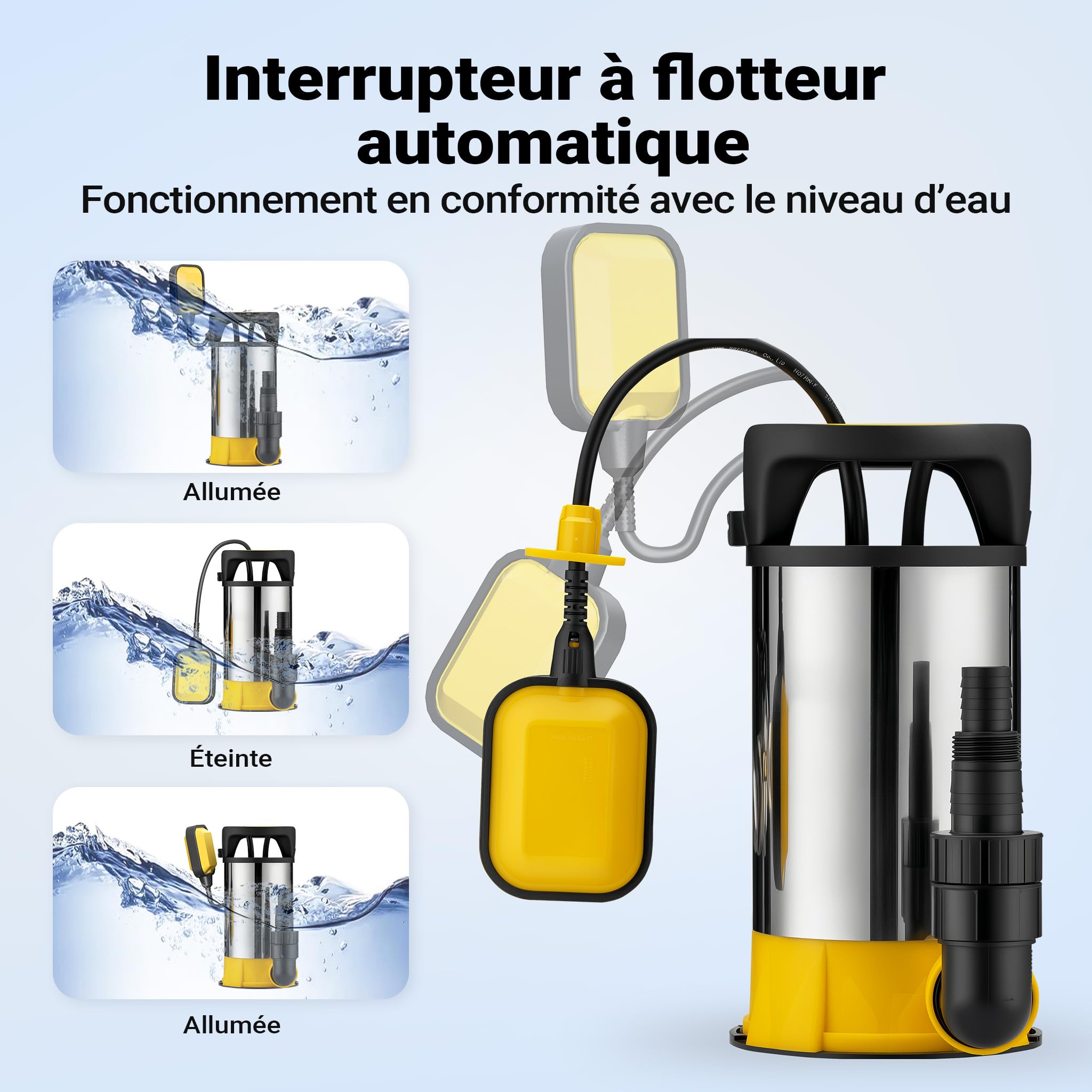 Wiltec Pompe à eau immergée 3 en 1 à aspiration plate 400 W – 8000 l/h – Jusqu’à 1 mm – Refoulement max. 5 m, profondeur max. 7 m – Interrupteur à flotteur, Thermorégulateur – Pompe submersible