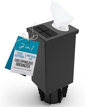 Superior Essentials Car Tissue Holder with Car Garbage Can - Elegant 2 in 1 Car Tissue Box Holder and Mini Trash Can for Car Cup Holder Black