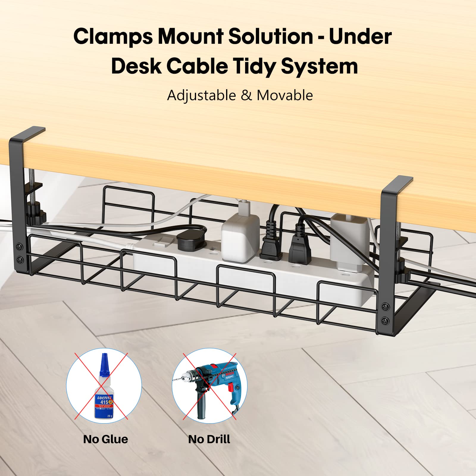 Under Desk Cable Management Tray Black 15.7" Cable Management Kit No