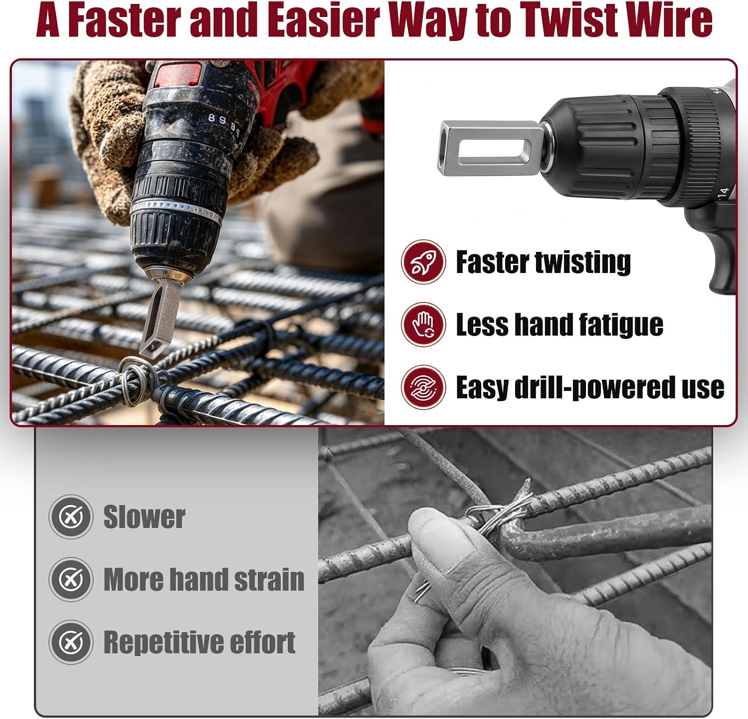 Wire Twister Tool for Drill, Heavy Duty Wire Twisting Tool with 1/4" Hex Shank - Professional Wire Knotter for Fencing, Rebar Tying, Construction, Greenhouse Setup (#9+#11) image 5