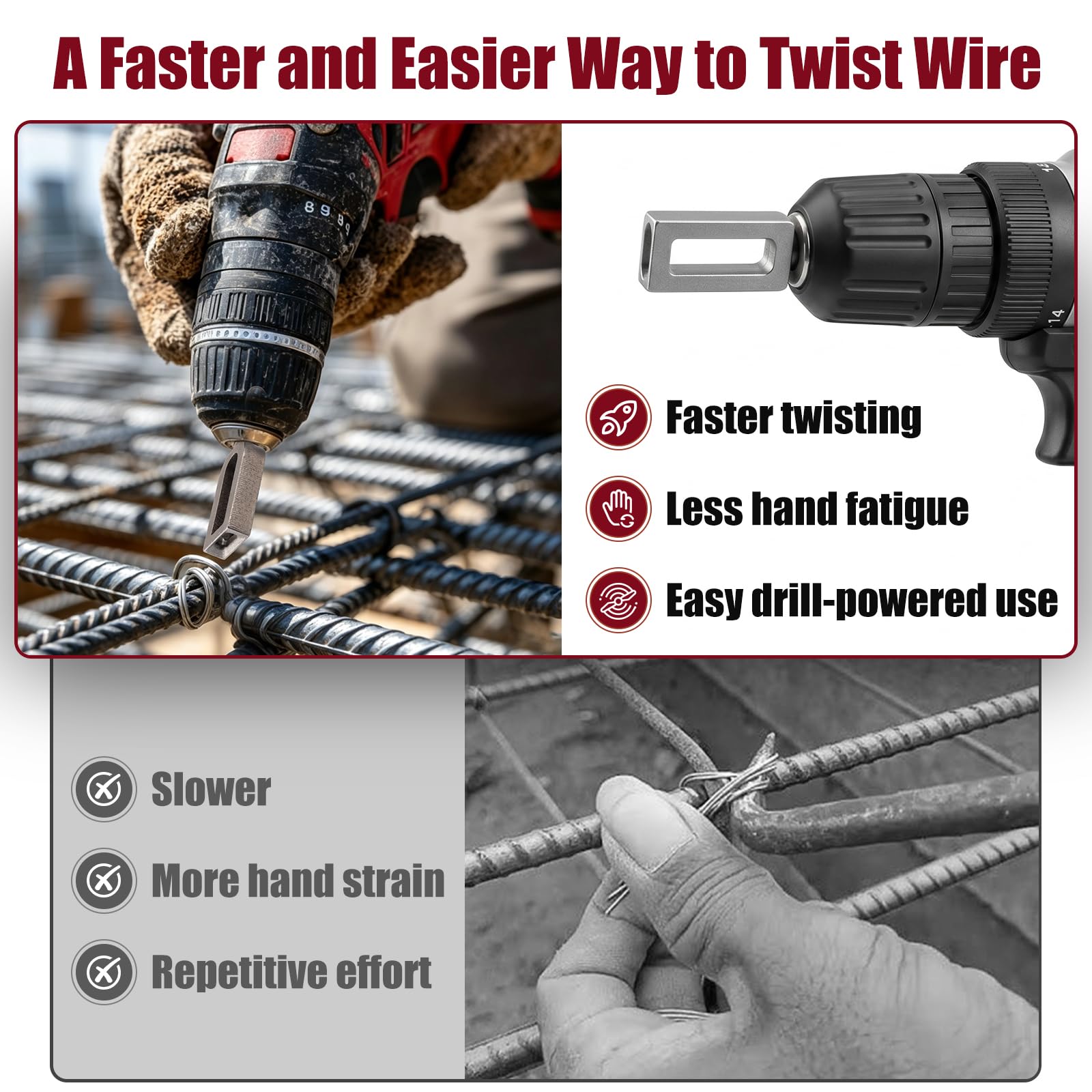 Wire Twister Tool for Drill, Heavy Duty Wire Twisting Tool with 1/4" Hex Shank - Professional Wire Knotter for Fencing, Rebar Tying, Construction, Greenhouse Setup (#9+#11) — Amazon image 5