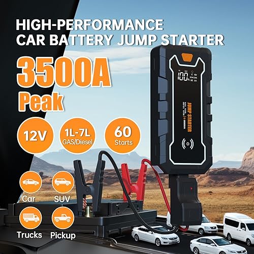 Miniatura 2 de CROS Arrancador de coche de 3500 A, paquete de refuerzo de batería de 24000 mAh con cargador inalámbrico, caja de salto portátil de 12 V para