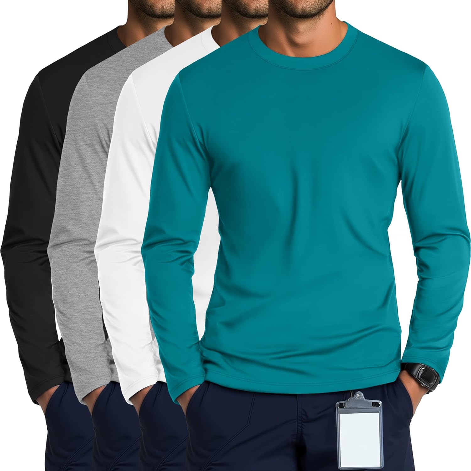 4 Pack Men's Long Sleeve Underscrub Shirts Nurse Crewneck Work Tops Stretchy Laying...