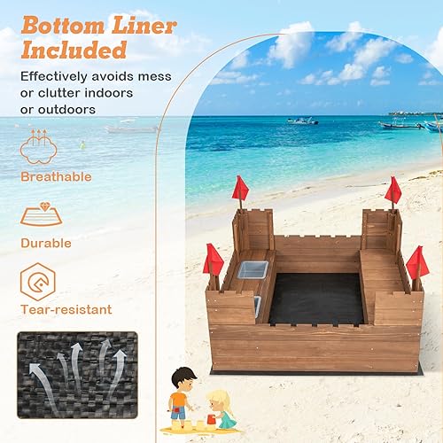 Miniatura 4 de HONEY JOY Caja de arena para niños, pozo de arena sin fondo de cedro para patio trasero, 4 banderas rojas y forro inferior, banco lateral y 2 cajas,