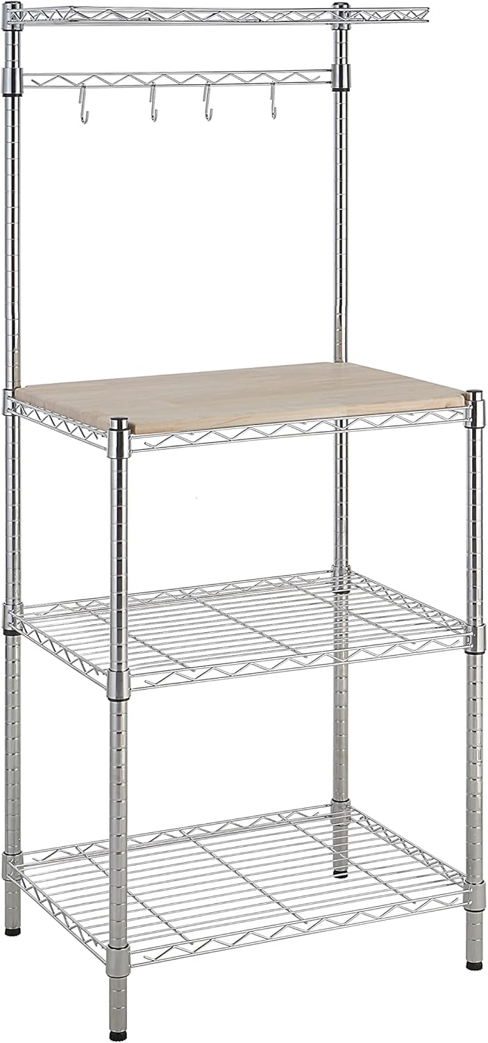 Amazon Basics Kitchen Storage Baker's Rack with Wood Table, Chrome/Wood