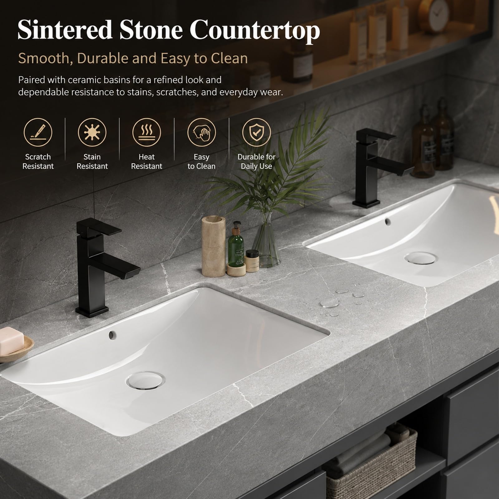 Mobile Bagno con Lavabo, Mobile Lavabo Bagno con Specchio Contenitore Smart HD, Piano in Pietra Sinterizzata, Ampio Spazio