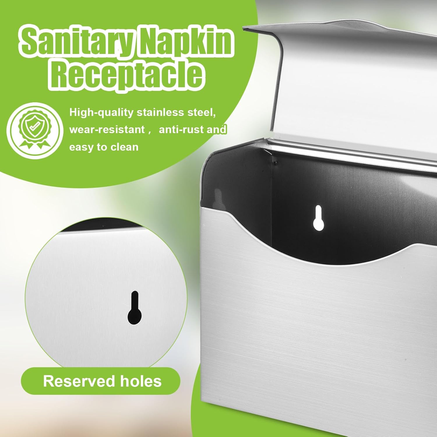 Tioncy 1 Pack Sanitary Napkin Disposal Receptacle with Feminine Hygiene Disposal Bag Stainless Steel Tampon Bin Trash Can Wall Mounted Waste Tampon Holder Feminine Hygiene Container (Silver)
