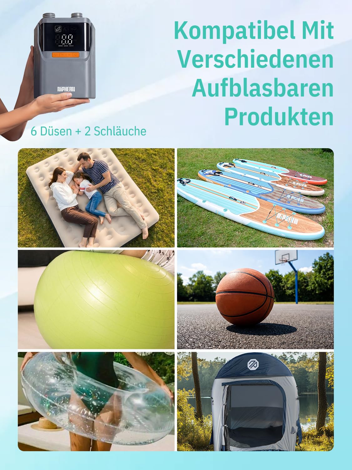 Niphean Elektrische Luftpumpe Akku, 50 PSI Luftpumpe Elektrisch für Autoreifen, Fahrrad, Luftmatratze, SUP Pumpe Elektrisch mit Tragetasche, Akku Pumpe mit Auto-Stopp für Aufblasbares&Entlüftung