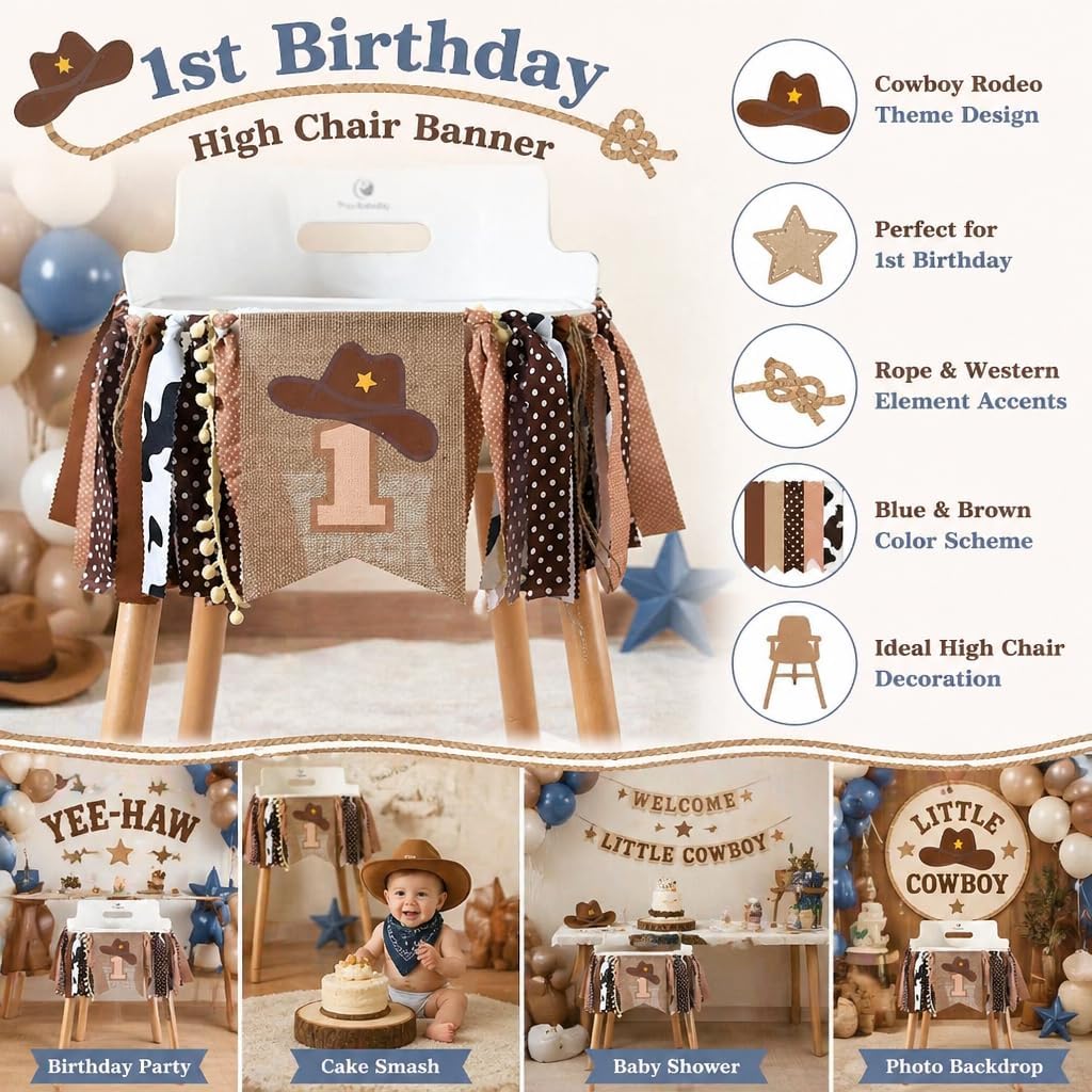 1st Birthday High Chair Banner - Cowboy Rodeo for Party Fabric Decor,Cake Smash Baby Shower,Backdrop Garland for photo props image 4