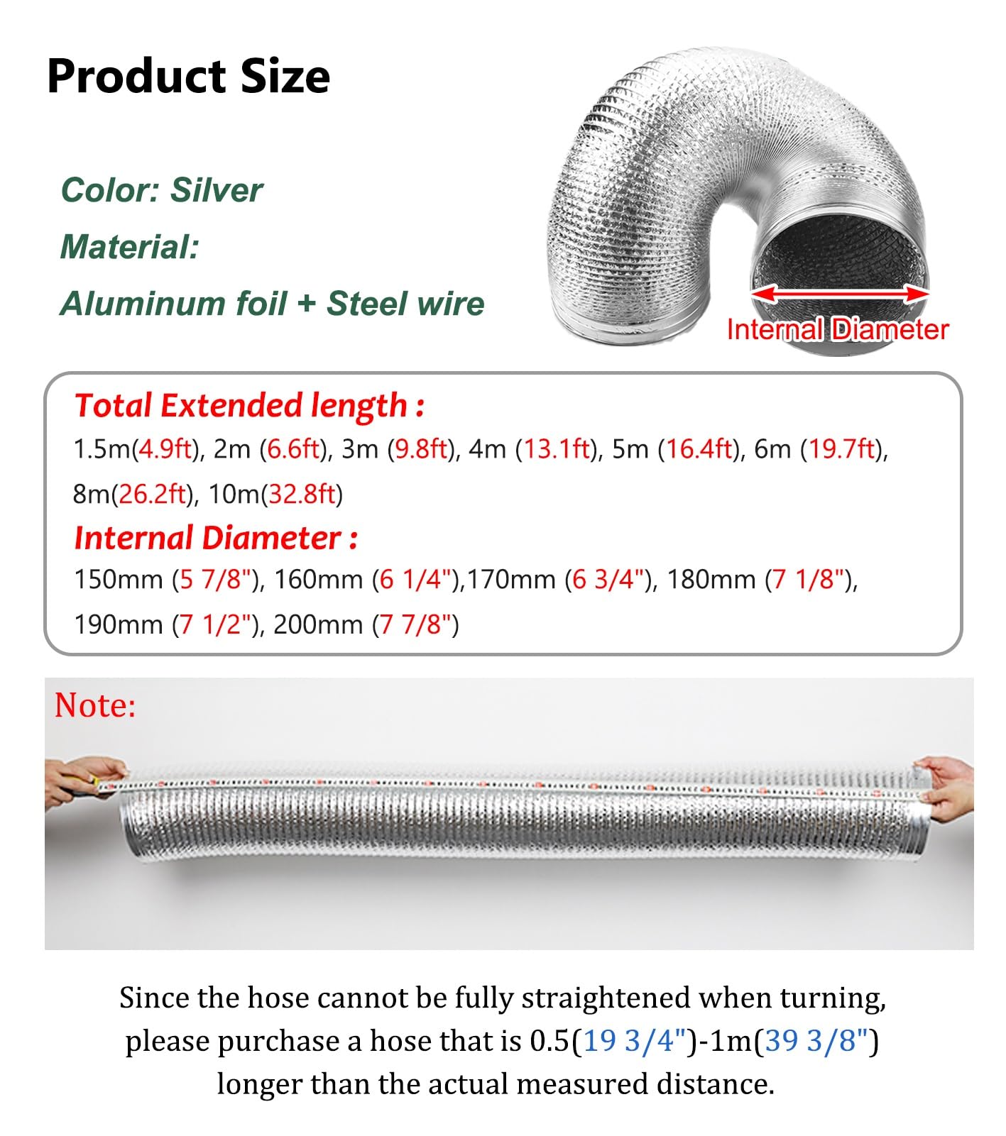 Manguera de Ventilación Manguera de Ventilación Expandible para Secadora para Espacios Reducidos, Conducto Flexible con Abrazaderas y Cinta de Aluminio, Manguera de Escape de Garaje para extractor(170