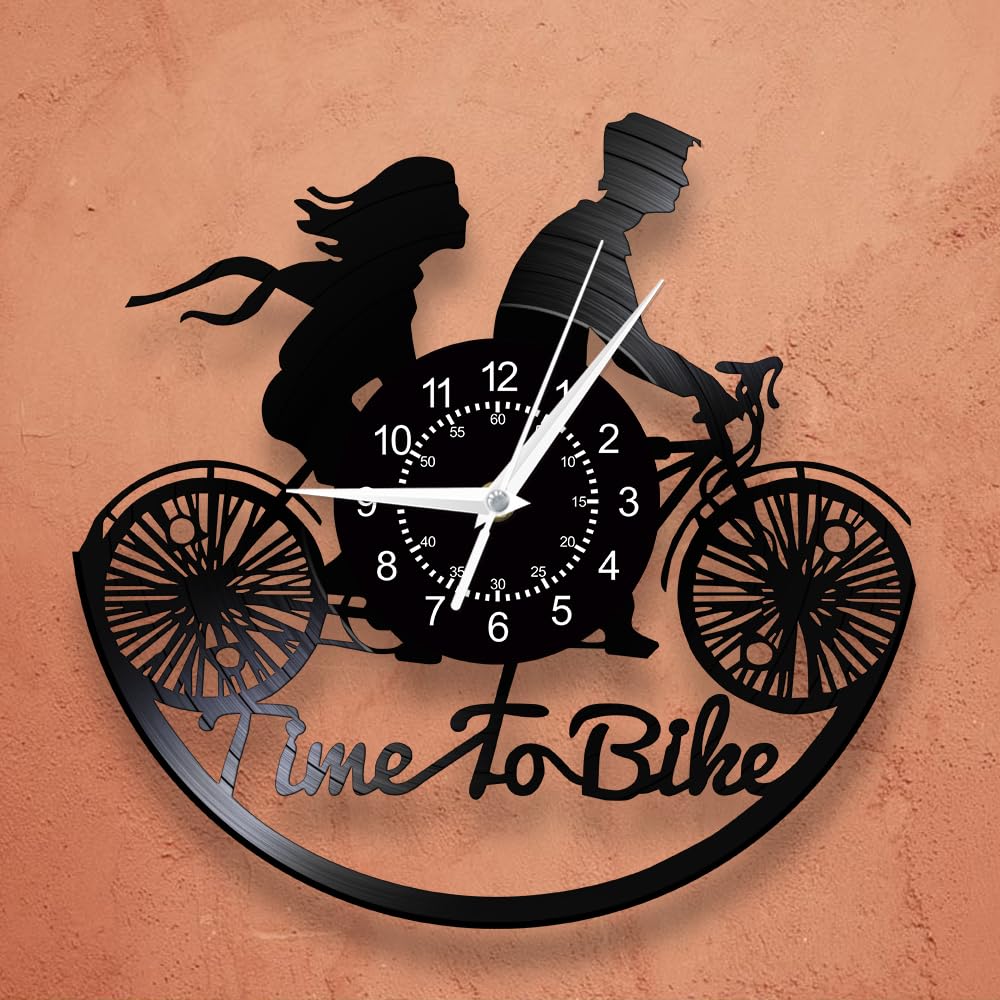 TIMEGLOW 12 Inch Bicycle Wall Clock, Bike Vinyl Record Wall Clock Silent Non Ticking Quartz Retro Decorative Cycling Wall Watch Clock Battery Operated