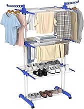 Innotic Space Saver Clothes Airer Small Foldable Three Tier Portable Clothes Airer with Wheels (Blue/White)