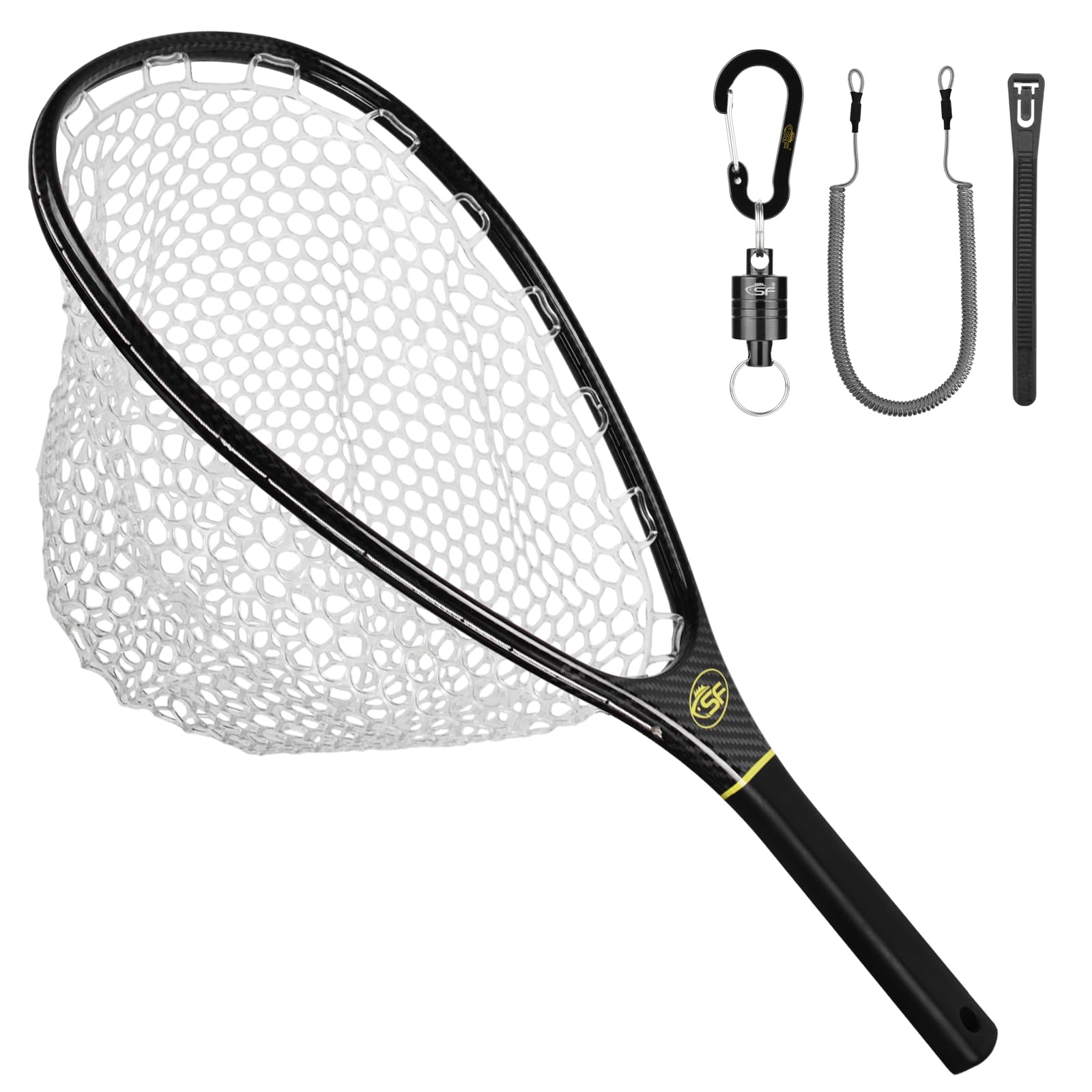 SF Fly Fishing Stealth Carbon Fiber Landing Net Soft Silicone Rubber Mesh Trout Catch and Release Net Small with Black Magnetic Net Release Combo Kit : Sports & Outdoors