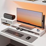 FENGE Dual Monitor Stand with Drawer Computer Monitor Stand Riser Adjustable Length and Angle, Wood Monitor Stands for 2 Monitors, Laptop PC, Computer, Printer, Office Desk Organizer White