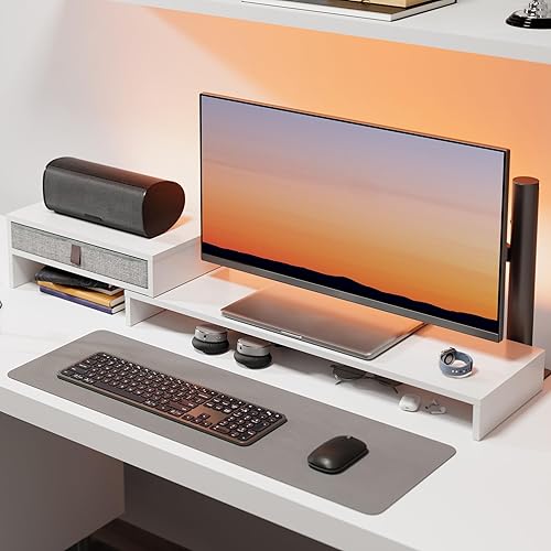 Miniatura 7 de Fenge Soporte elevador para monitor de computadora con cajón para 2 o 3 monitores, longitud y ángulo ajustables, soporte de computadora portátil