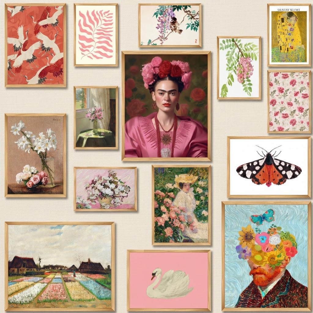 MAZUKO 15 Pcs Unframed Pink Coquette Floral Art - Maximalist Decor