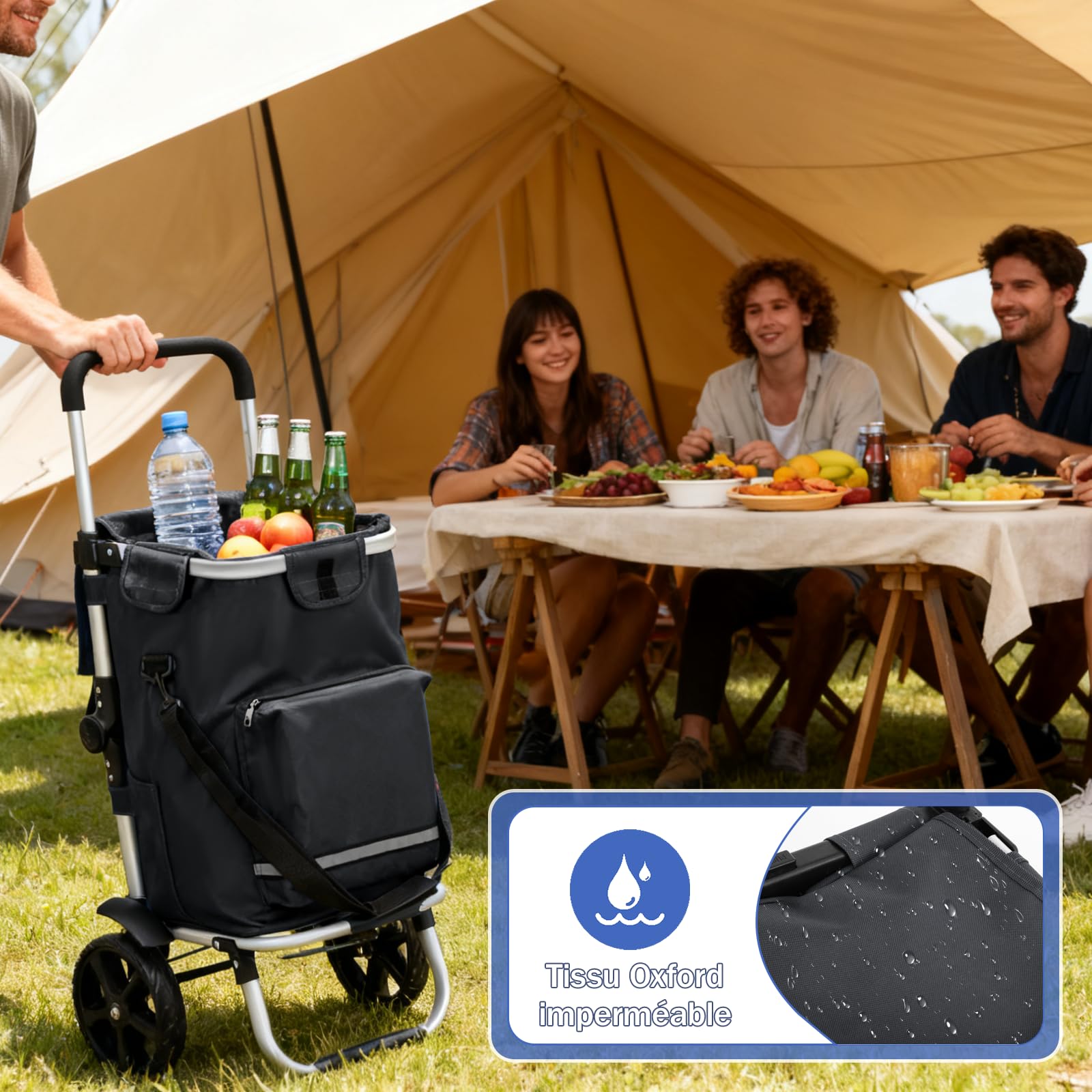 Sekey Chariot de Courses Pliable 3 en 1, Caddie Isotherme avec Sangle de Fixation, Sac Bandoulière et Porte-Bouteille, Trolley/Diable Pliable pour Courses, Camping – Noir