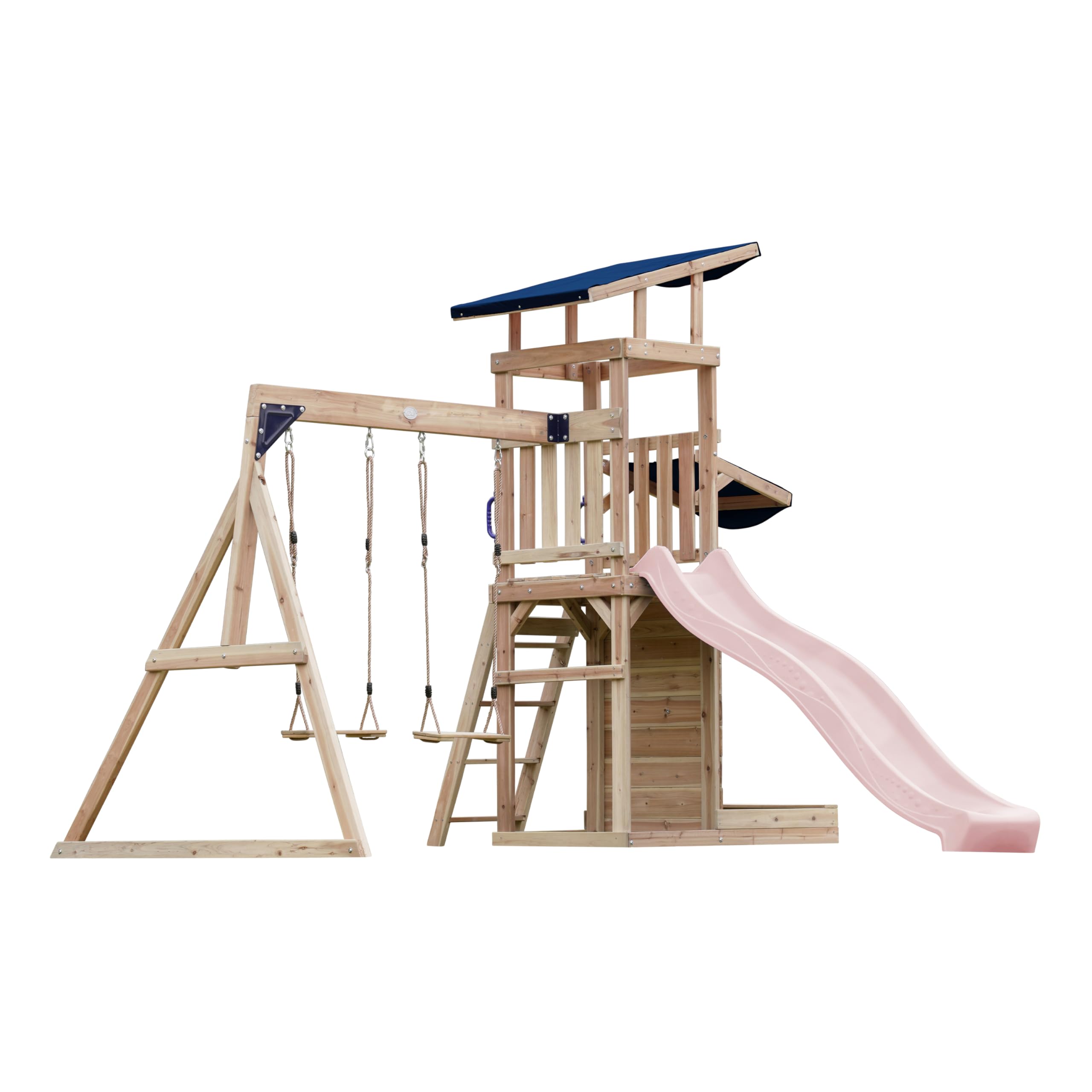 AXI Malik Spielturm aus Holz mit 2 Schaukeln | XXL Spielhaus/Spielplatz für Kinder mit Sandkasten, Spielwand & Rutsche in Pastellrosa | Schaukelgerüst für den Garten