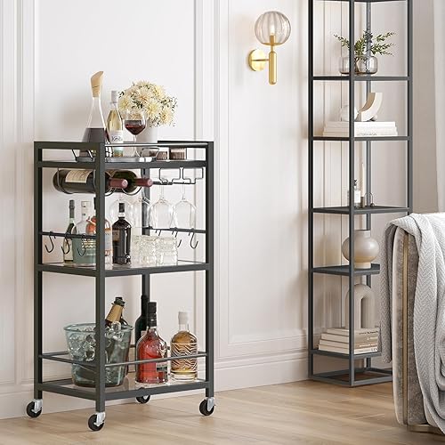 TUTOTAK Bar Cart, Home Bar Serving Cart with 3-Tier Mirrored Shelf, Drink Cart, Mobile Kitchen Shelf with Wine Rack, Rolling Beverage Cart, Black BC01BK033 - Black - Mirrored glass