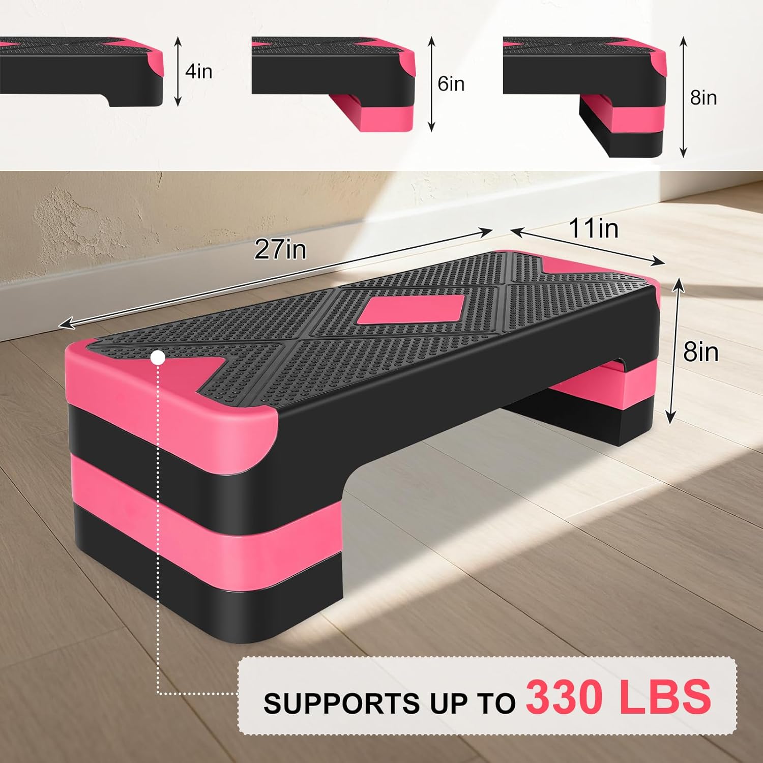 MIUDGIG 27" Exercise Workout Aerobic Step Platform Trainer, Adjustable Fitness 4-6-8in Exercise Stepper Workout with 4 Risers, Aerobics Stepper Workout Stepper for Home Gym Cardio Strength & Training