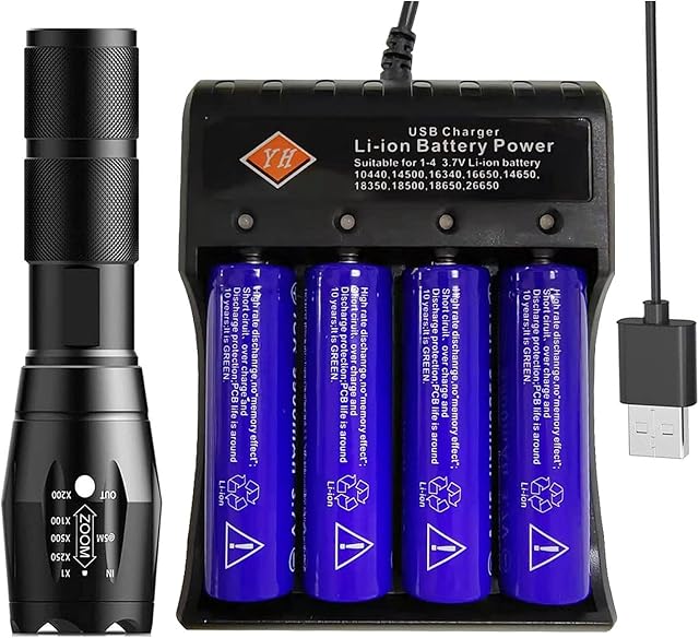 Pocket Bright Flashlight, 5 Modes Zoomable LED Torch, 4 Slot Universal Battery Charger, with 4 Rechargeable Top Button Batteries, USB Smart Charger, fit for Cycling Hiking Camping